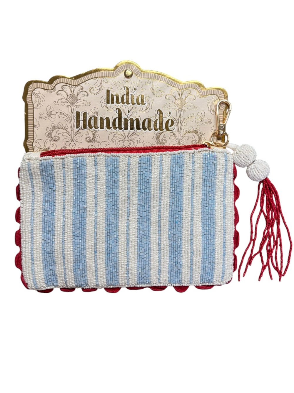 Handmade Blue & White Striped Beaded Clutch